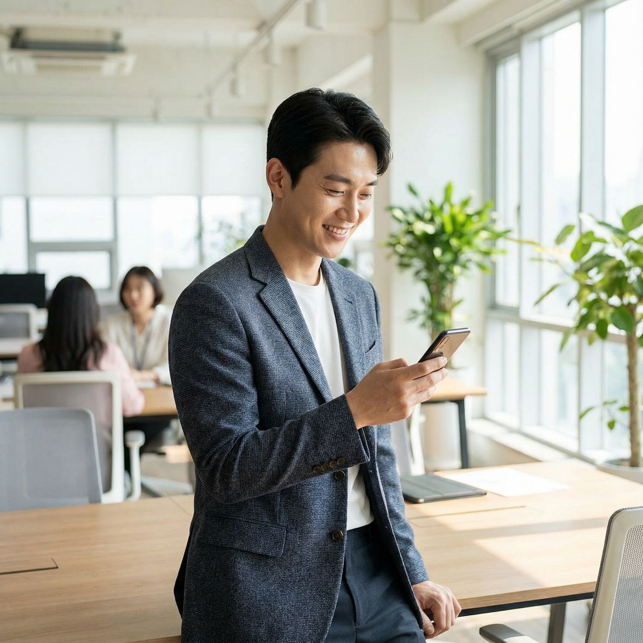 밝고 화사한 사무실에서 미소 짓는 한국인 남성